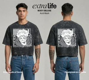 Playera streetwear premium de anime y gaming ExtraLife MX, corte boxy deluxe mineral wash heavyweight en color Acid Wash, moda urbana mexicana de culto.
