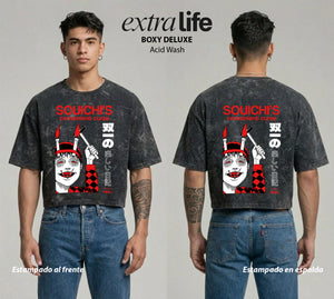 Playera streetwear premium de anime y gaming ExtraLife MX, corte boxy deluxe mineral wash heavyweight en color Acid Wash, moda urbana mexicana de culto.