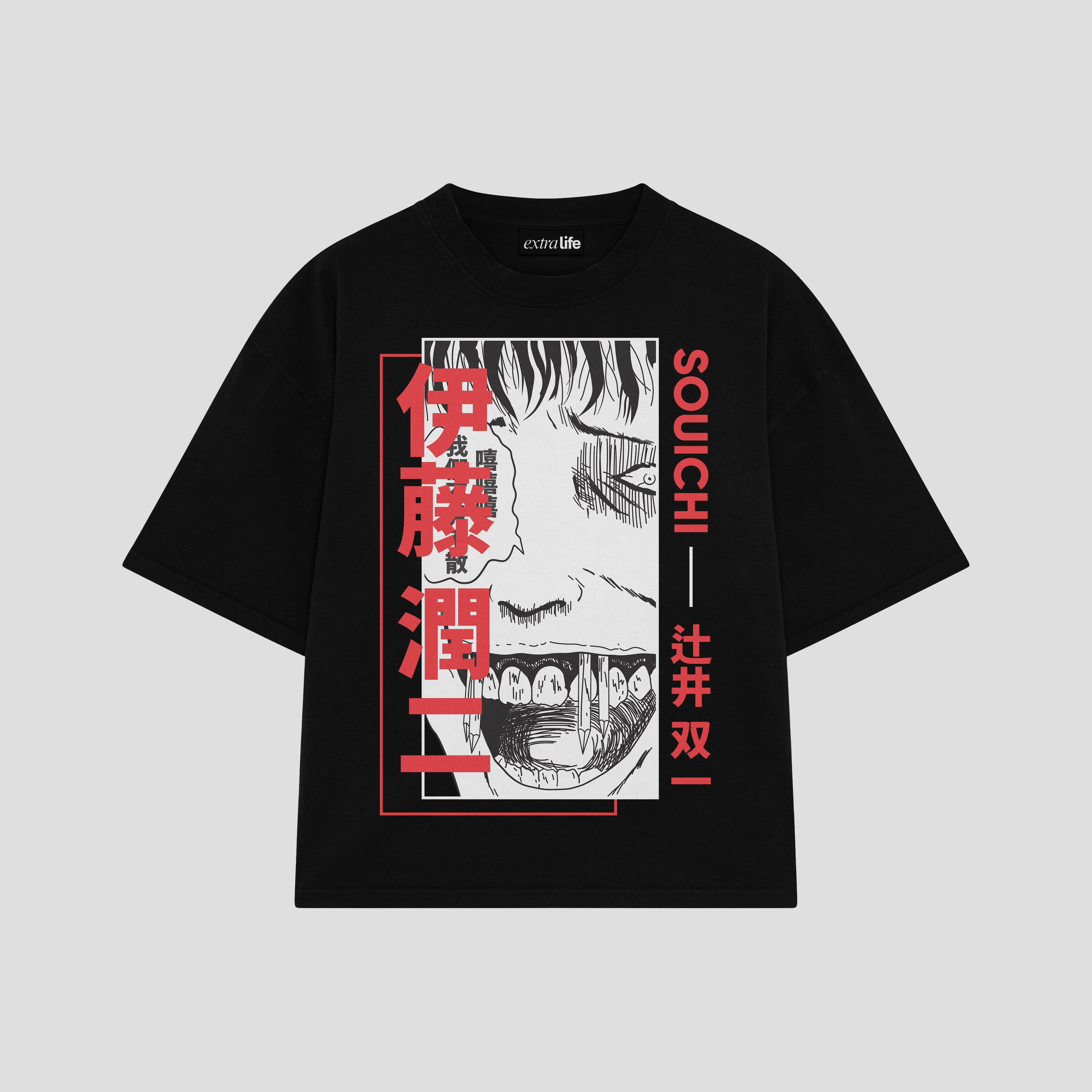 Playera streetwear premium de anime y gaming ExtraLife MX, corte boxy oversized drop shoulder heavyweight en color Deep Black y Off-White, moda urbana mexicana de culto.