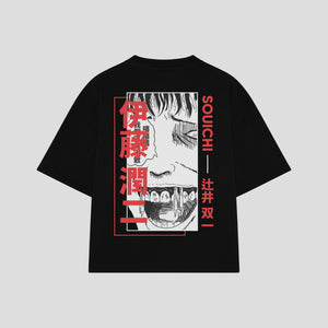 Playera streetwear premium de anime y gaming ExtraLife MX, corte boxy oversized drop shoulder heavyweight en color Deep Black y Off-White, moda urbana mexicana de culto.