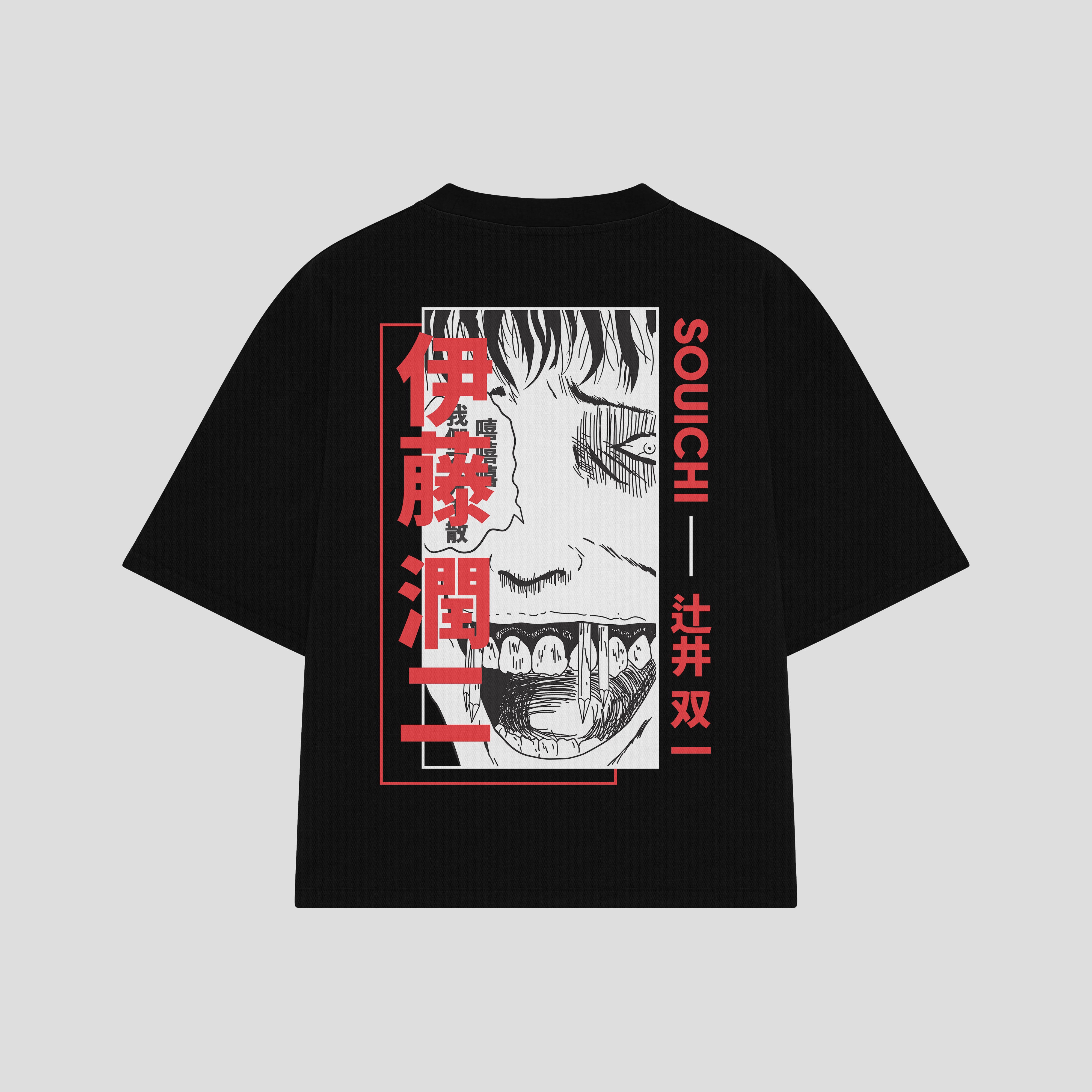 Playera streetwear premium de anime y gaming ExtraLife MX, corte boxy oversized drop shoulder heavyweight en color Deep Black y Off-White, moda urbana mexicana de culto.