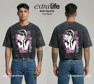 Playera streetwear premium de anime y gaming ExtraLife MX, corte boxy deluxe mineral wash heavyweight en color Acid Wash, moda urbana mexicana de culto.