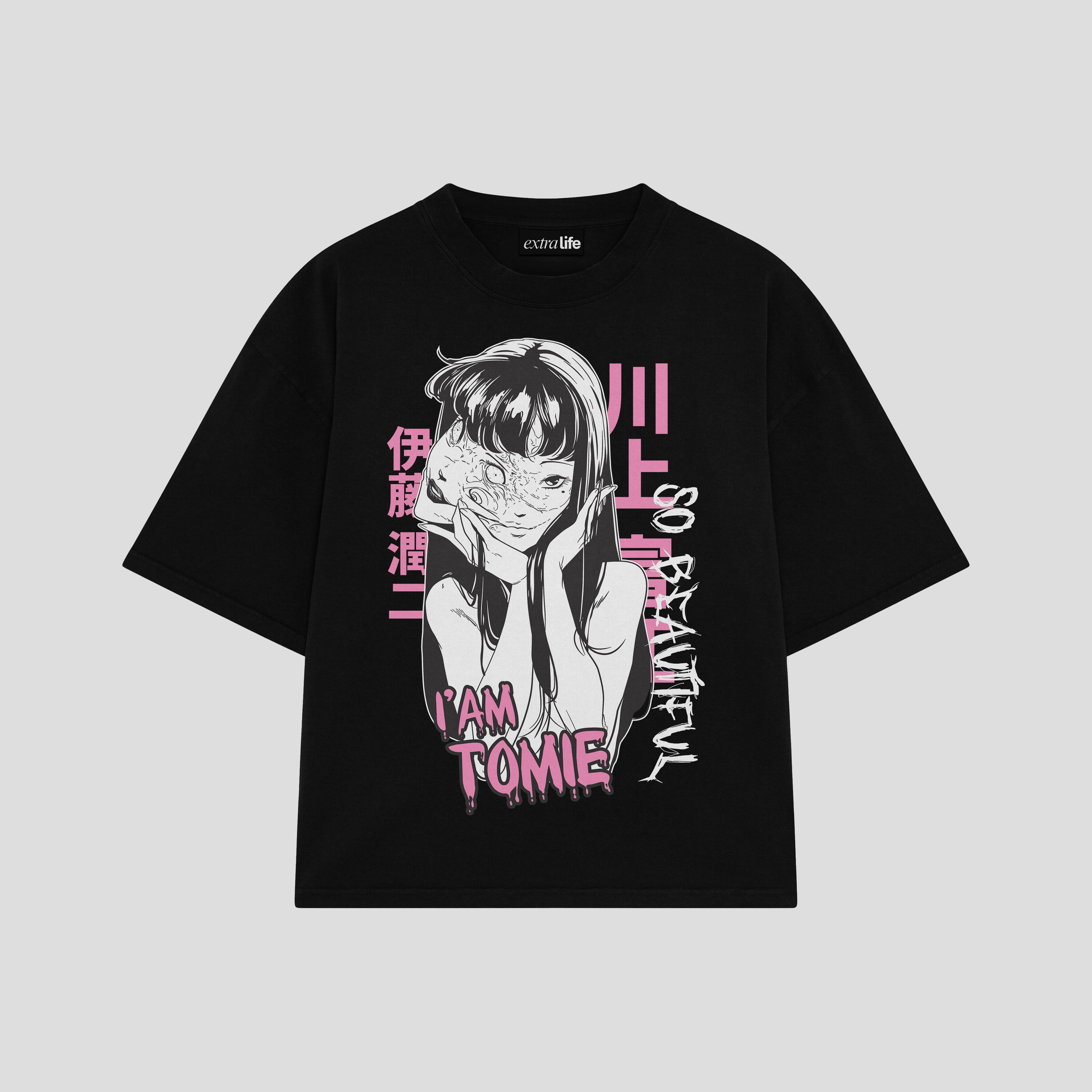 Playera streetwear premium de anime y gaming ExtraLife MX, corte boxy oversized drop shoulder heavyweight en color Deep Black y Off-White, moda urbana mexicana de culto.