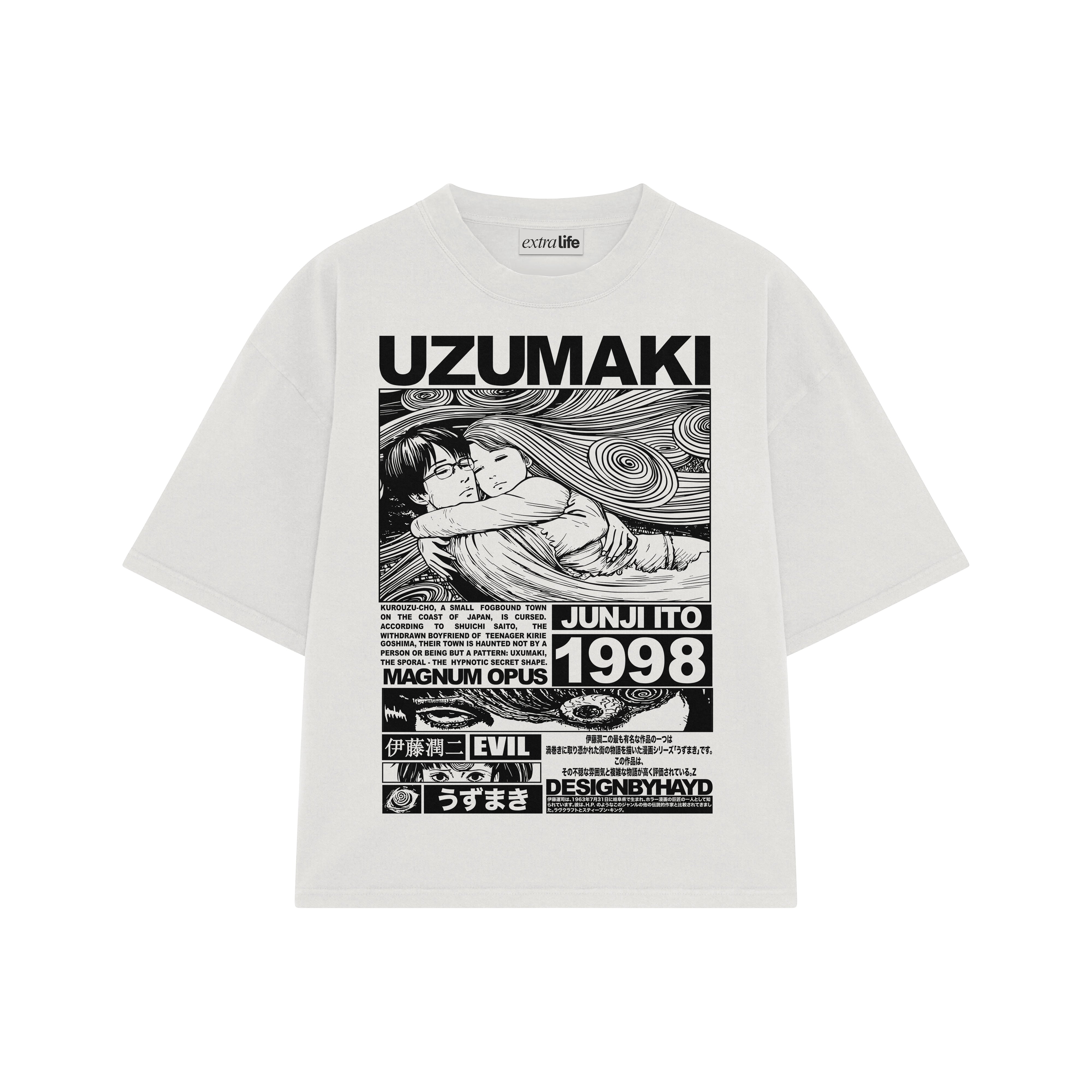 Playera streetwear premium de anime y gaming ExtraLife MX, corte boxy oversized drop shoulder heavyweight en color Deep Black y Off-White, moda urbana mexicana de culto.