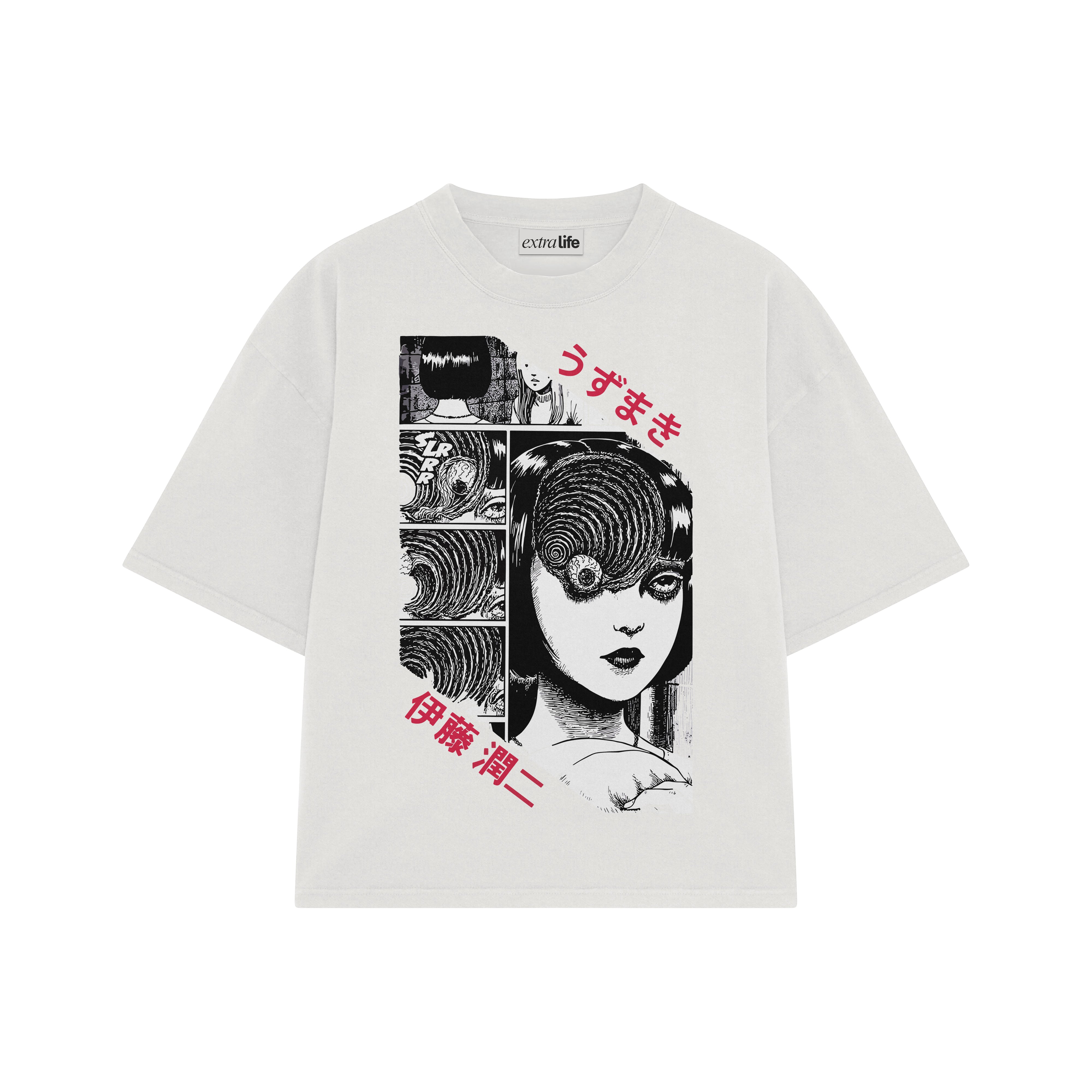 Playera streetwear premium de anime y gaming ExtraLife MX, corte boxy oversized drop shoulder heavyweight en color Deep Black y Off-White, moda urbana mexicana de culto.