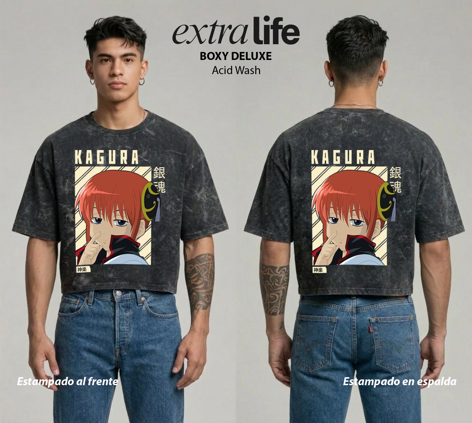 Playera streetwear premium de anime y gaming ExtraLife MX, corte boxy deluxe mineral wash heavyweight en color Acid Wash, moda urbana mexicana de culto.
