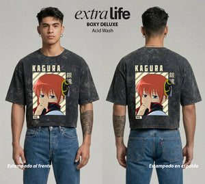 Playera streetwear premium de anime y gaming ExtraLife MX, corte boxy deluxe mineral wash heavyweight en color Acid Wash, moda urbana mexicana de culto.