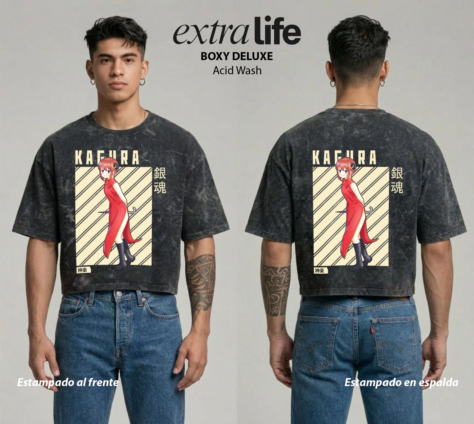 Playera streetwear premium de anime y gaming ExtraLife MX, corte boxy deluxe mineral wash heavyweight en color Acid Wash, moda urbana mexicana de culto.