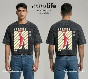 Playera streetwear premium de anime y gaming ExtraLife MX, corte boxy deluxe mineral wash heavyweight en color Acid Wash, moda urbana mexicana de culto.