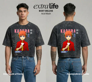 Playera streetwear premium de anime y gaming ExtraLife MX, corte boxy deluxe mineral wash heavyweight en color Acid Wash, moda urbana mexicana de culto.