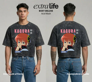 Playera streetwear premium de anime y gaming ExtraLife MX, corte boxy deluxe mineral wash heavyweight en color Acid Wash, moda urbana mexicana de culto.