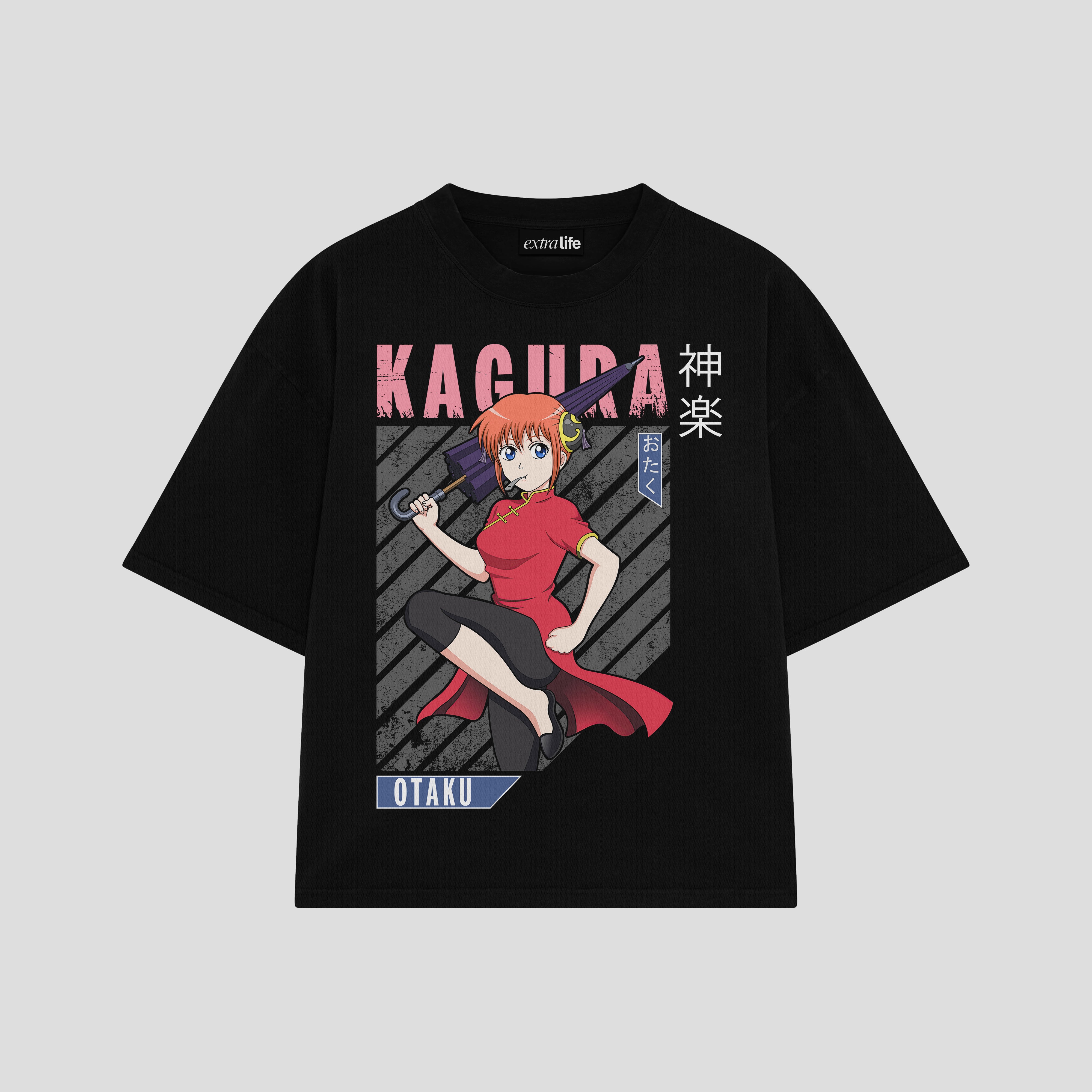 Playera streetwear premium de anime y gaming ExtraLife MX, corte boxy oversized drop shoulder heavyweight en color Deep Black y Off-White, moda urbana mexicana de culto.