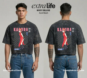 Playera streetwear premium de anime y gaming ExtraLife MX, corte boxy deluxe mineral wash heavyweight en color Acid Wash, moda urbana mexicana de culto.