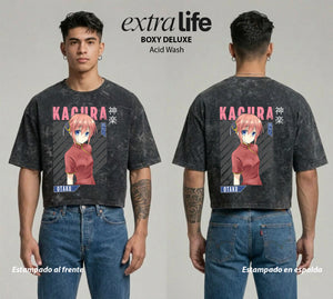 Playera streetwear premium de anime y gaming ExtraLife MX, corte boxy deluxe mineral wash heavyweight en color Acid Wash, moda urbana mexicana de culto.
