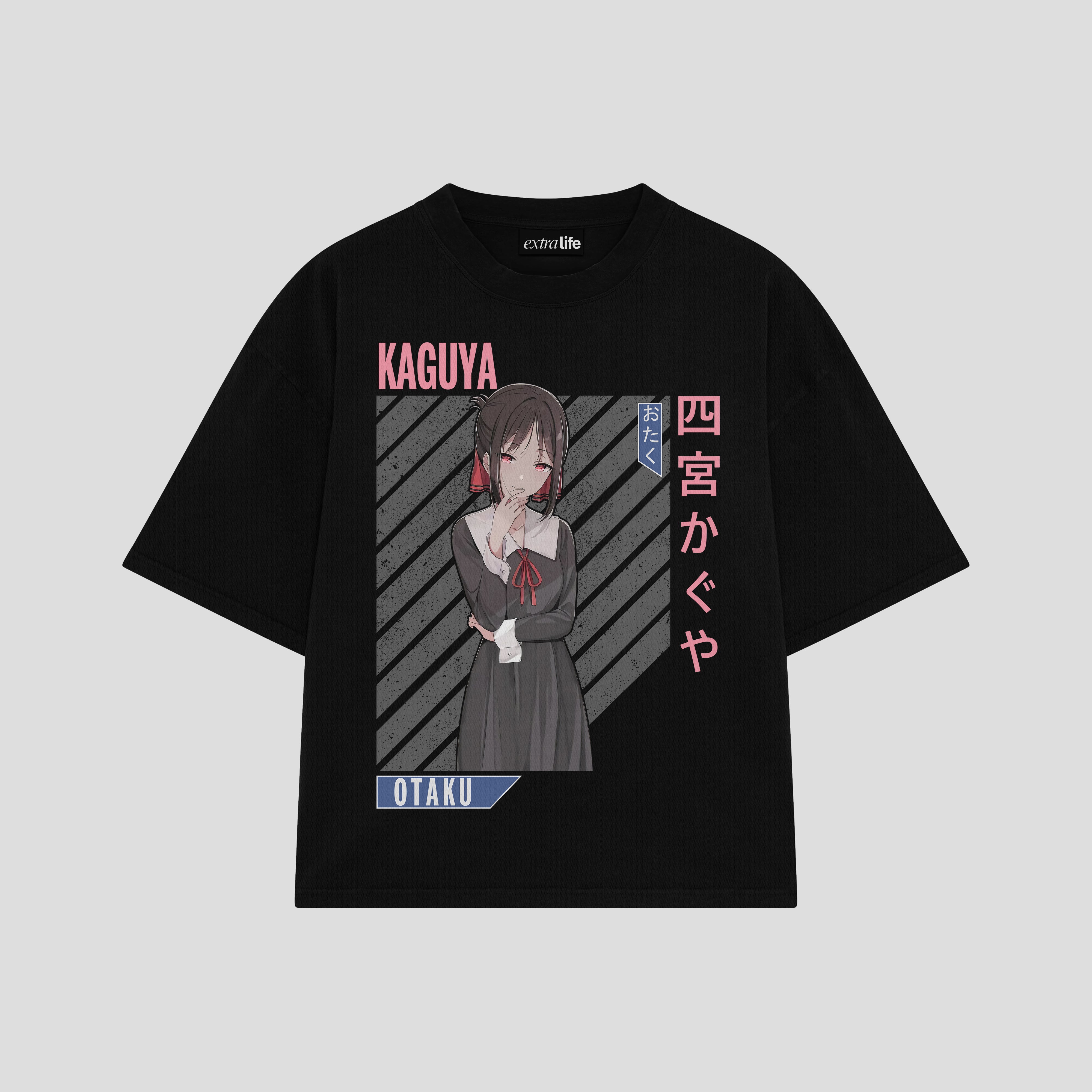 Playera streetwear premium de anime y gaming ExtraLife MX, corte boxy oversized drop shoulder heavyweight en color Deep Black y Off-White, moda urbana mexicana de culto.