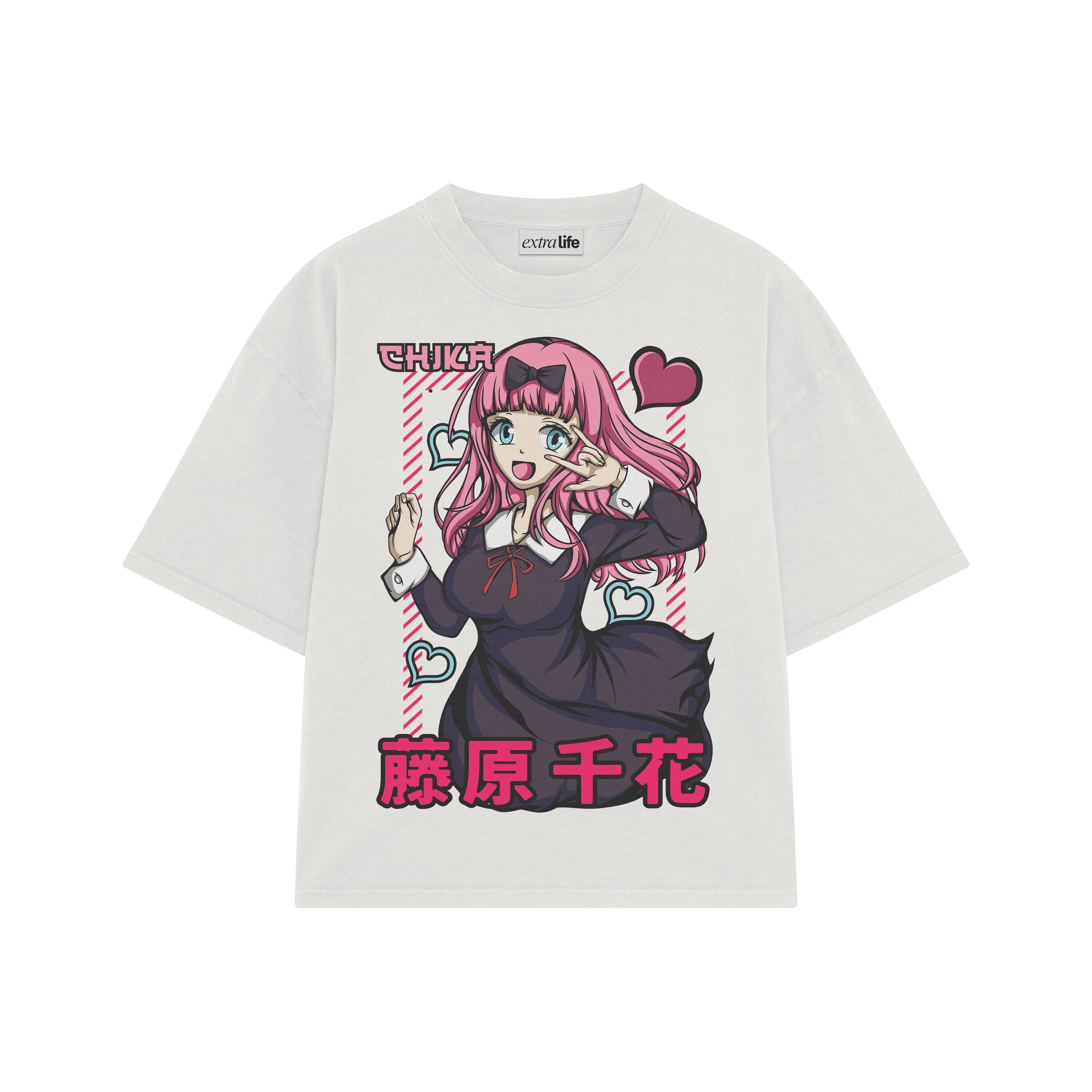 Playera streetwear premium de anime y gaming ExtraLife MX, corte boxy oversized drop shoulder heavyweight en color Deep Black y Off-White, moda urbana mexicana de culto.