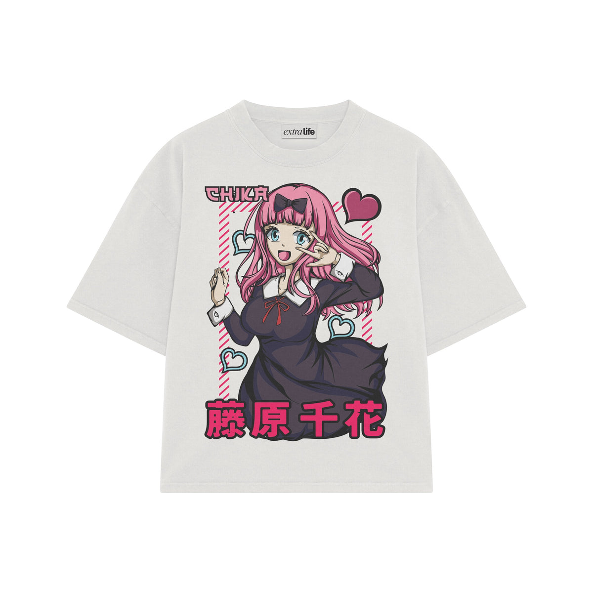 Playera streetwear premium de anime y gaming ExtraLife MX, corte oversized drop shoulder ligero y fresco en color Deep Black y Off-White, moda urbana mexicana de culto.