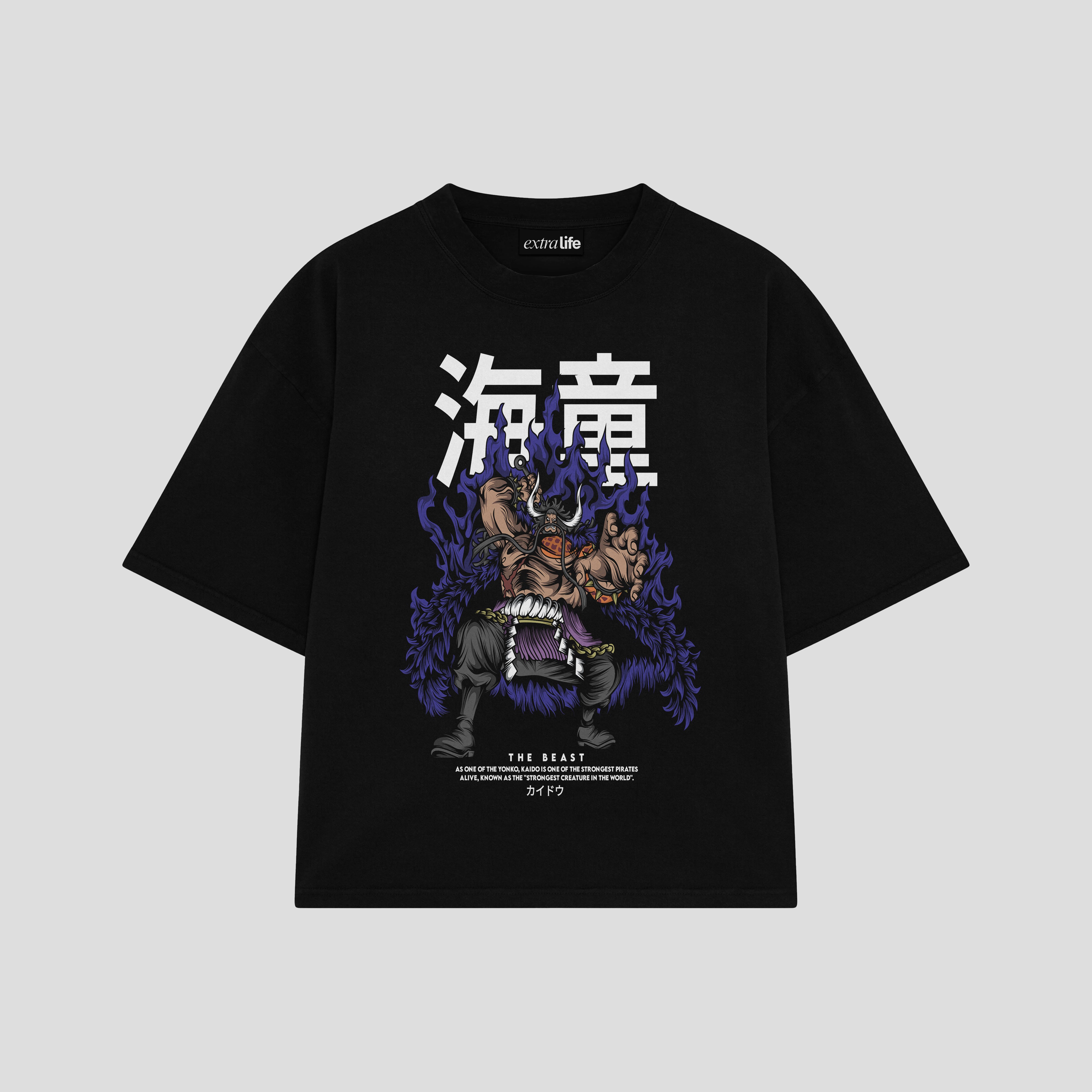 Playera streetwear premium de anime y gaming ExtraLife MX, corte boxy oversized drop shoulder heavyweight en color Deep Black y Off-White, moda urbana mexicana de culto.
