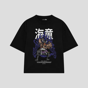 Playera streetwear premium de anime y gaming ExtraLife MX, corte boxy oversized drop shoulder heavyweight en color Deep Black y Off-White, moda urbana mexicana de culto.