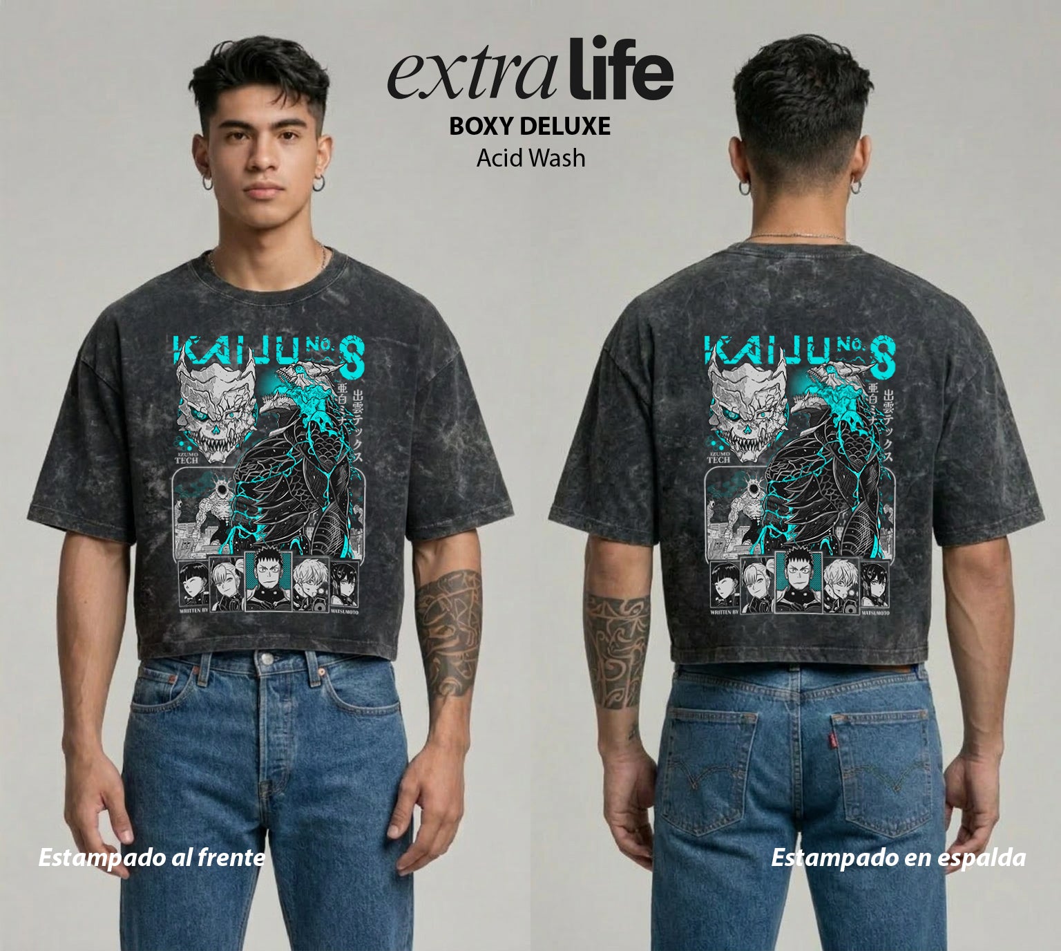 Playera streetwear premium de anime y gaming ExtraLife MX, corte boxy deluxe mineral wash heavyweight en color Acid Wash, moda urbana mexicana de culto.
