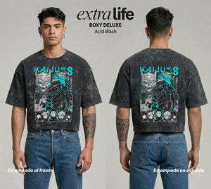 Playera streetwear premium de anime y gaming ExtraLife MX, corte boxy deluxe mineral wash heavyweight en color Acid Wash, moda urbana mexicana de culto.