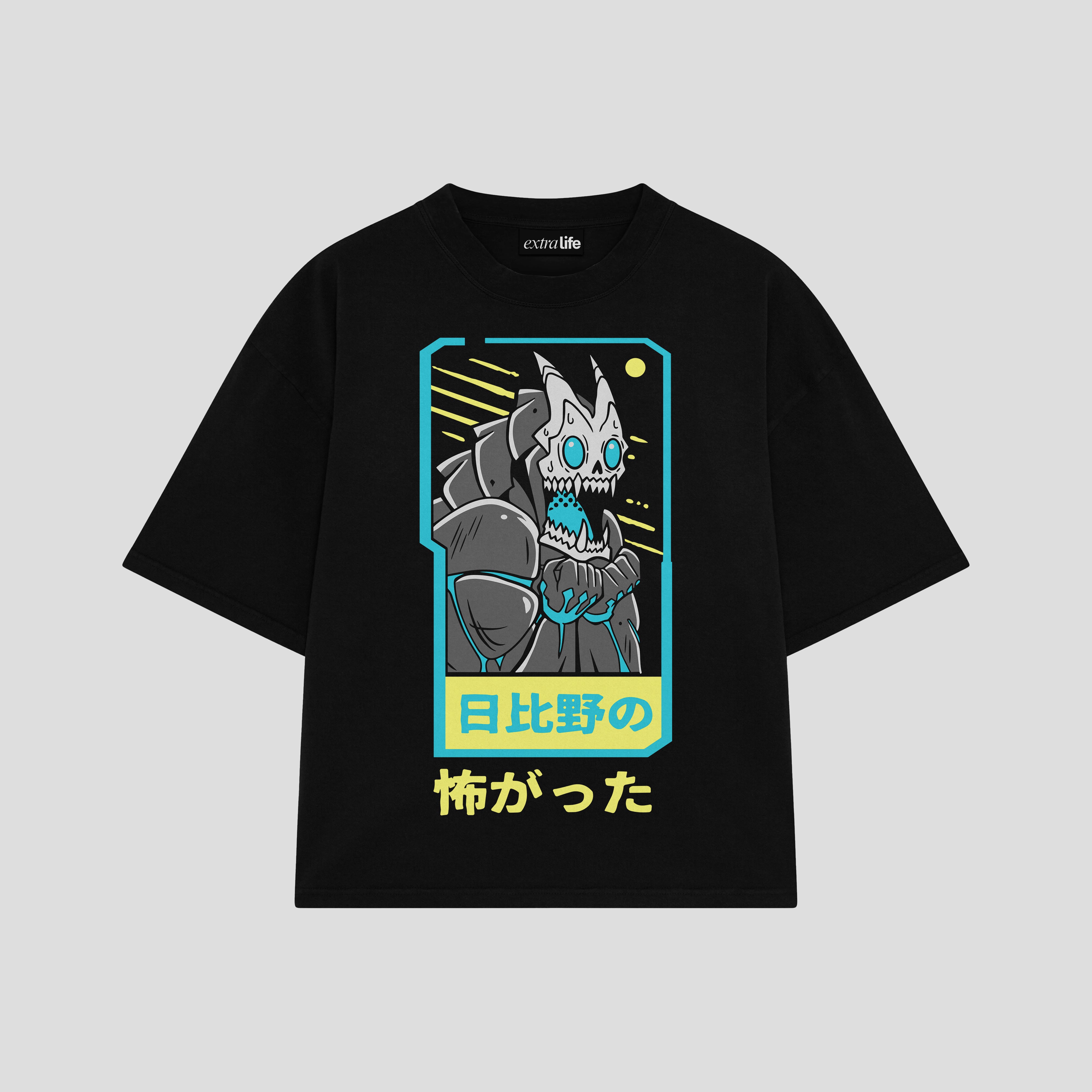 Playera streetwear premium de anime y gaming ExtraLife MX, corte boxy oversized drop shoulder heavyweight en color Deep Black y Off-White, moda urbana mexicana de culto.