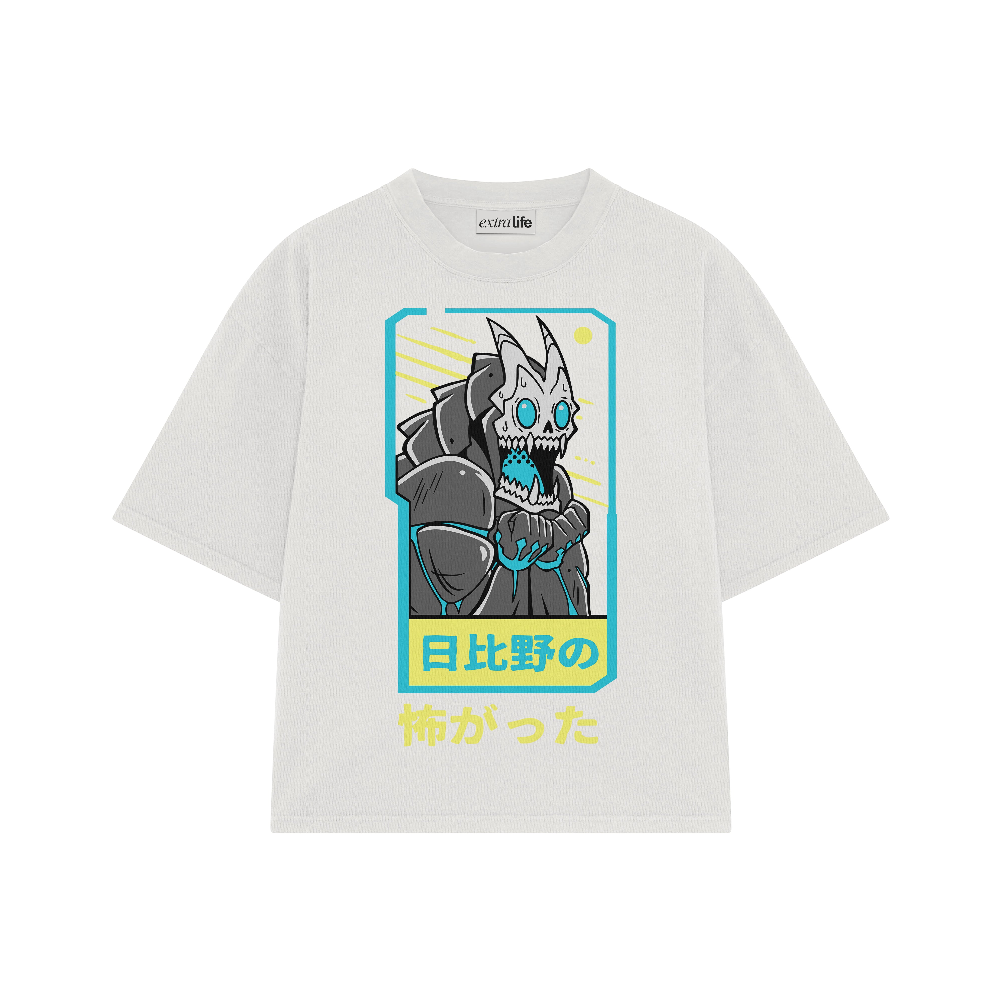 Playera streetwear premium de anime y gaming ExtraLife MX, corte boxy oversized drop shoulder heavyweight en color Deep Black y Off-White, moda urbana mexicana de culto.