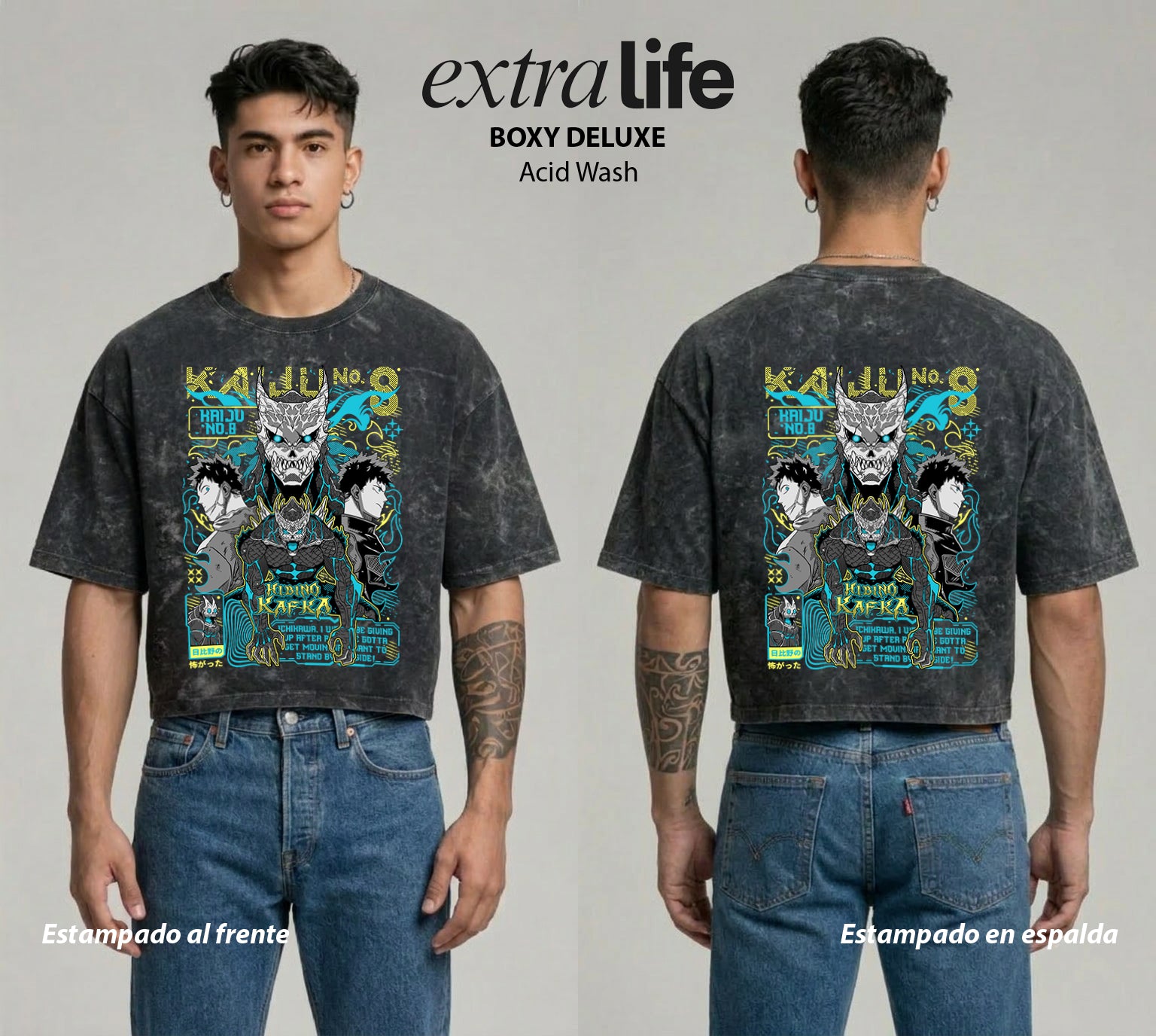 Playera streetwear premium de anime y gaming ExtraLife MX, corte boxy deluxe mineral wash heavyweight en color Acid Wash, moda urbana mexicana de culto.
