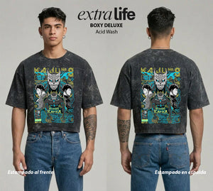 Playera streetwear premium de anime y gaming ExtraLife MX, corte boxy deluxe mineral wash heavyweight en color Acid Wash, moda urbana mexicana de culto.
