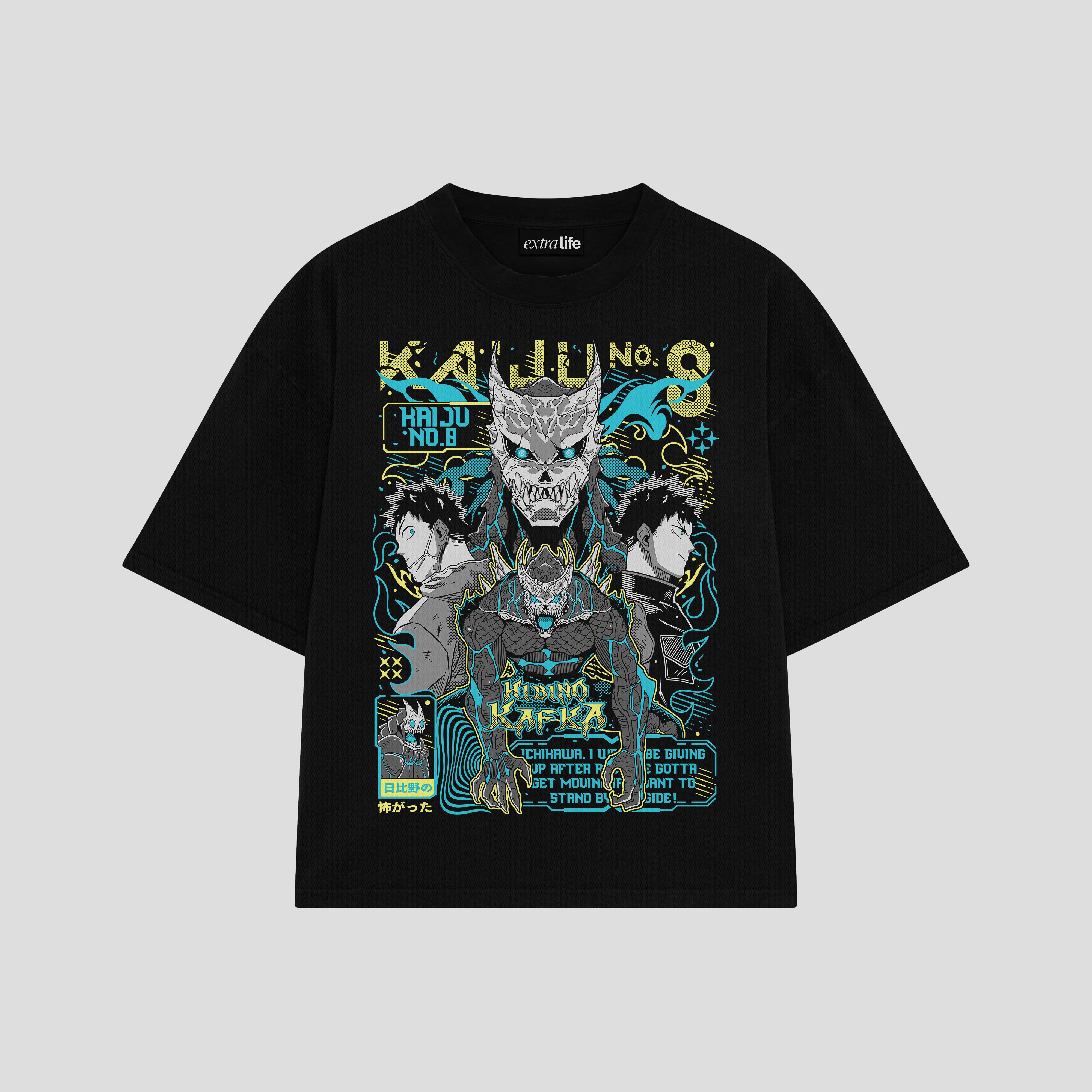 Playera streetwear premium de anime y gaming ExtraLife MX, corte boxy oversized drop shoulder heavyweight en color Deep Black y Off-White, moda urbana mexicana de culto.