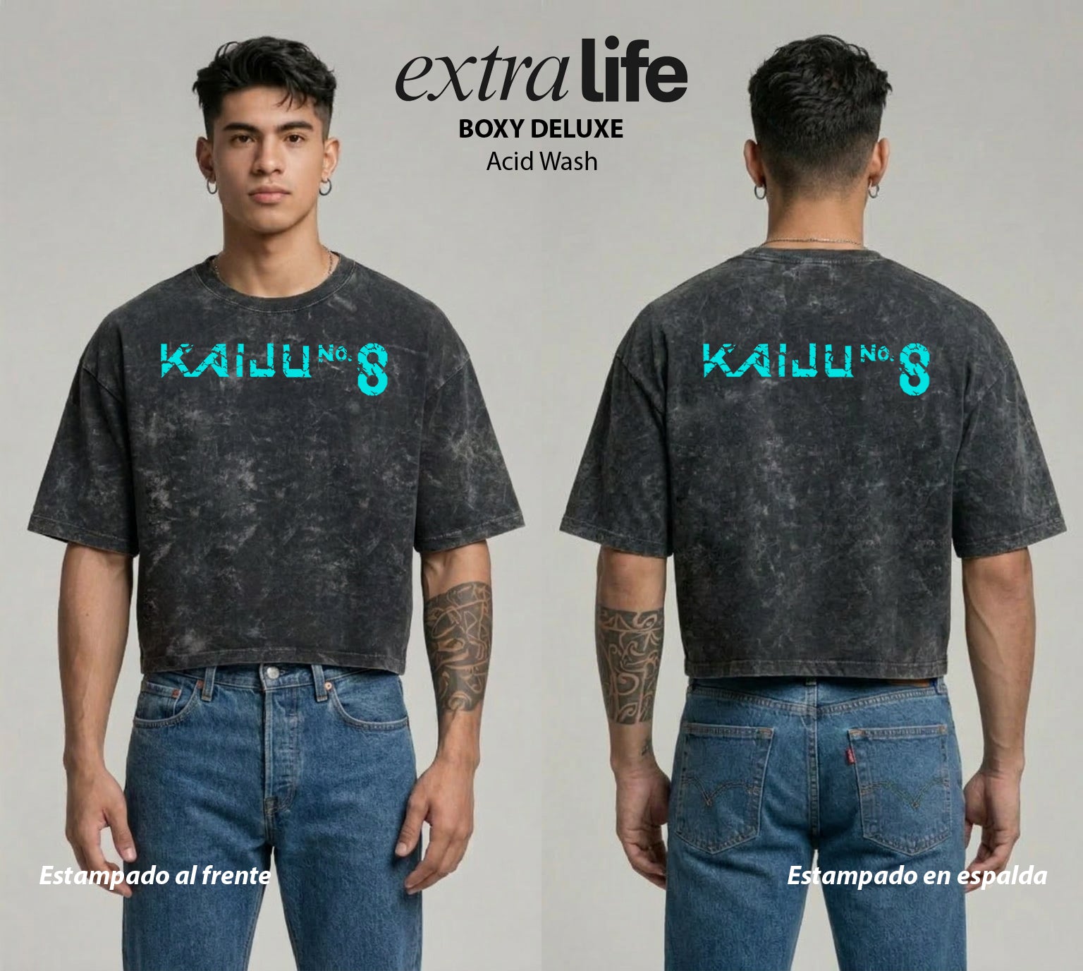 Playera streetwear premium de anime y gaming ExtraLife MX, corte boxy deluxe mineral wash heavyweight en color Acid Wash, moda urbana mexicana de culto.