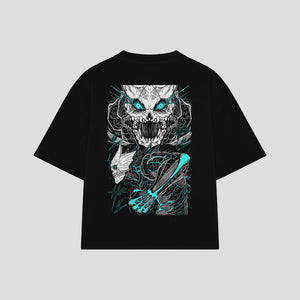 Playera streetwear premium de anime y gaming ExtraLife MX, corte boxy oversized drop shoulder heavyweight en color Deep Black y Off-White, moda urbana mexicana de culto.