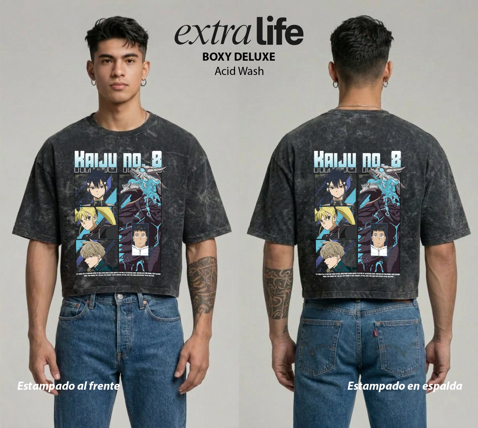 Playera streetwear premium de anime y gaming ExtraLife MX, corte boxy deluxe mineral wash heavyweight en color Acid Wash, moda urbana mexicana de culto.