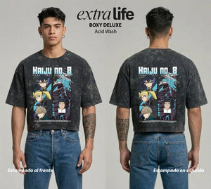 Playera streetwear premium de anime y gaming ExtraLife MX, corte boxy deluxe mineral wash heavyweight en color Acid Wash, moda urbana mexicana de culto.