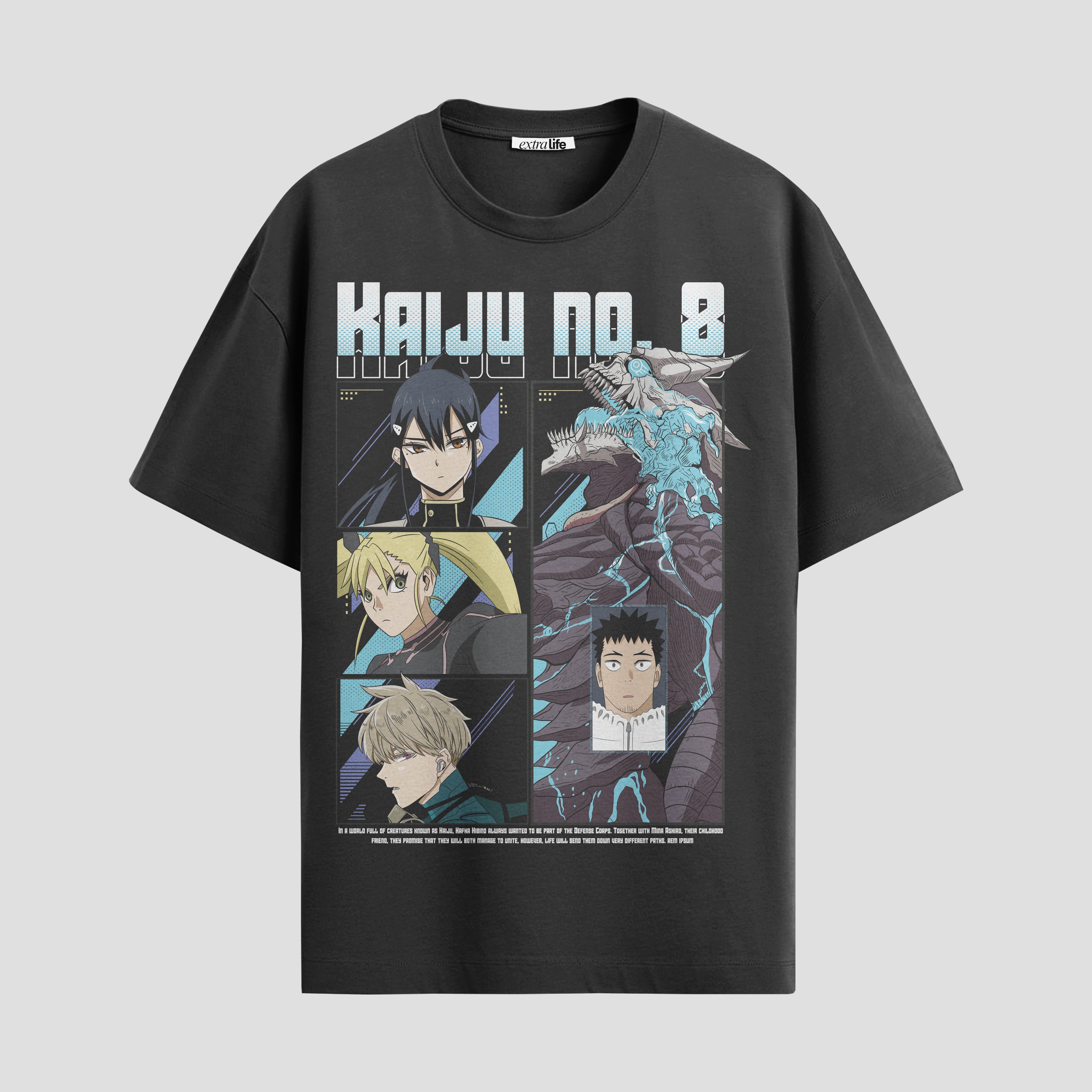 Playera urbana de anime y gaming ExtraLife MX, corte Standard Fit unisex ligero y transpirable en color Deep Black y Pure White, ropa de uso diario para gym y casual.