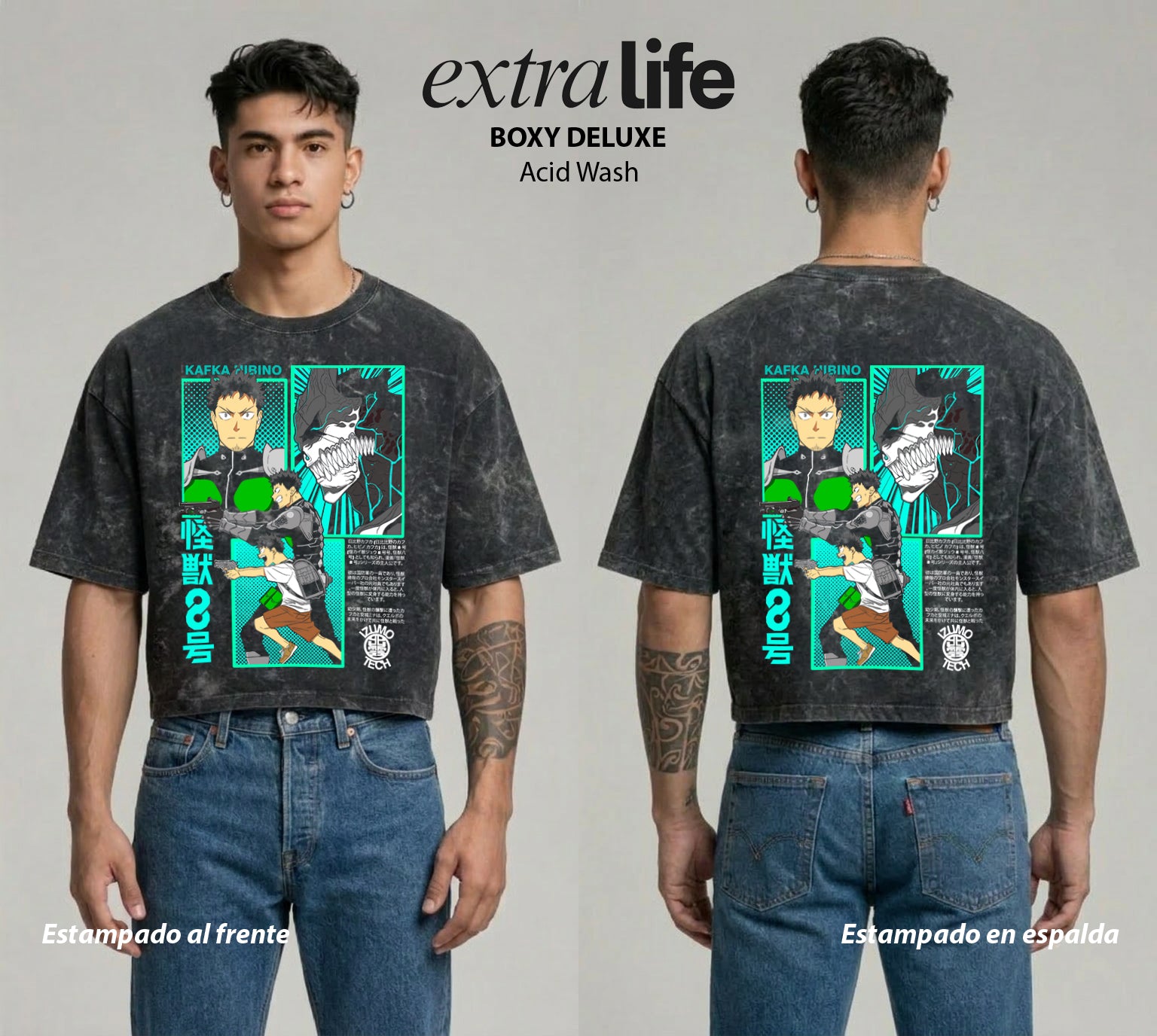 Playera streetwear premium de anime y gaming ExtraLife MX, corte boxy deluxe mineral wash heavyweight en color Acid Wash, moda urbana mexicana de culto.