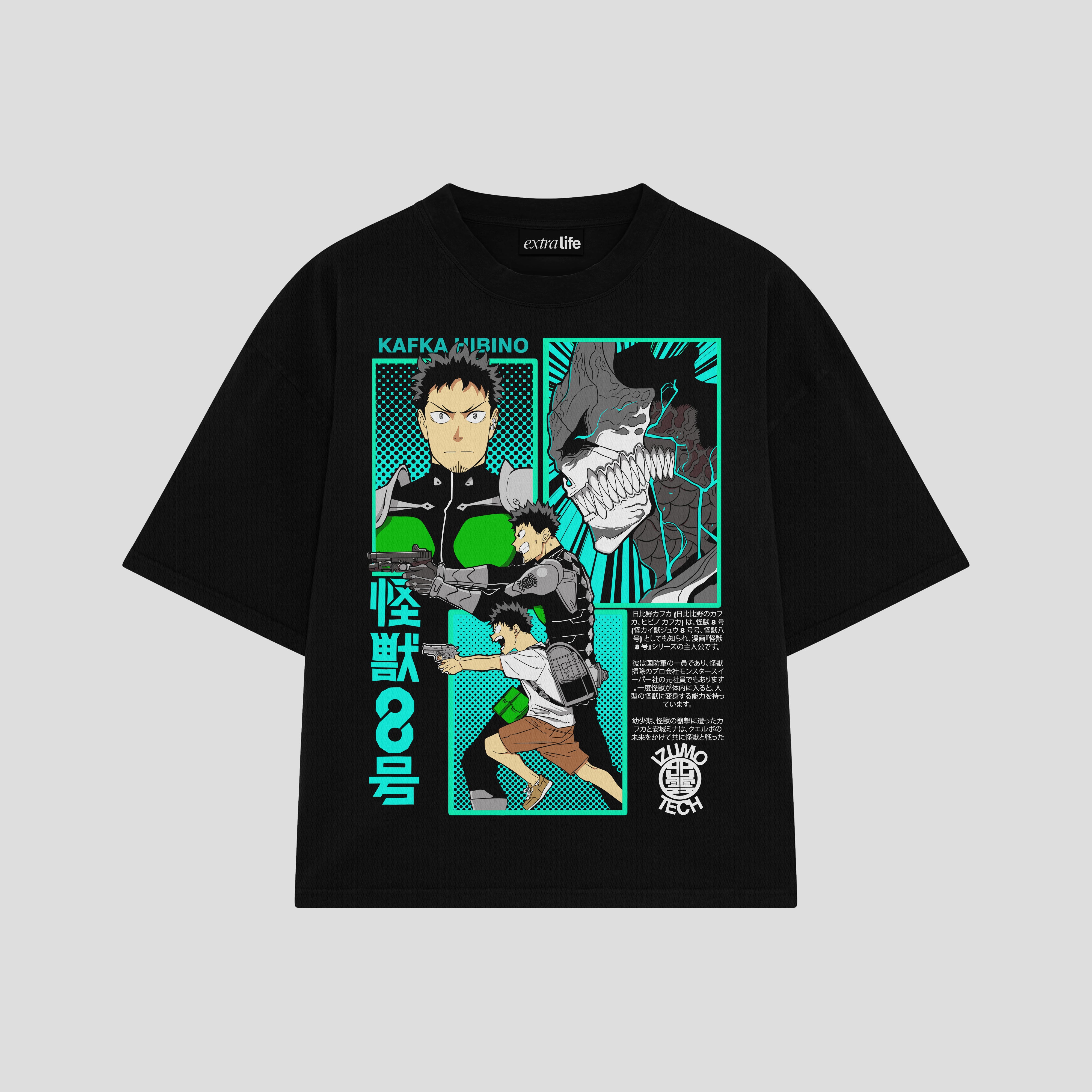 Playera streetwear premium de anime y gaming ExtraLife MX, corte boxy oversized drop shoulder heavyweight en color Deep Black y Off-White, moda urbana mexicana de culto.