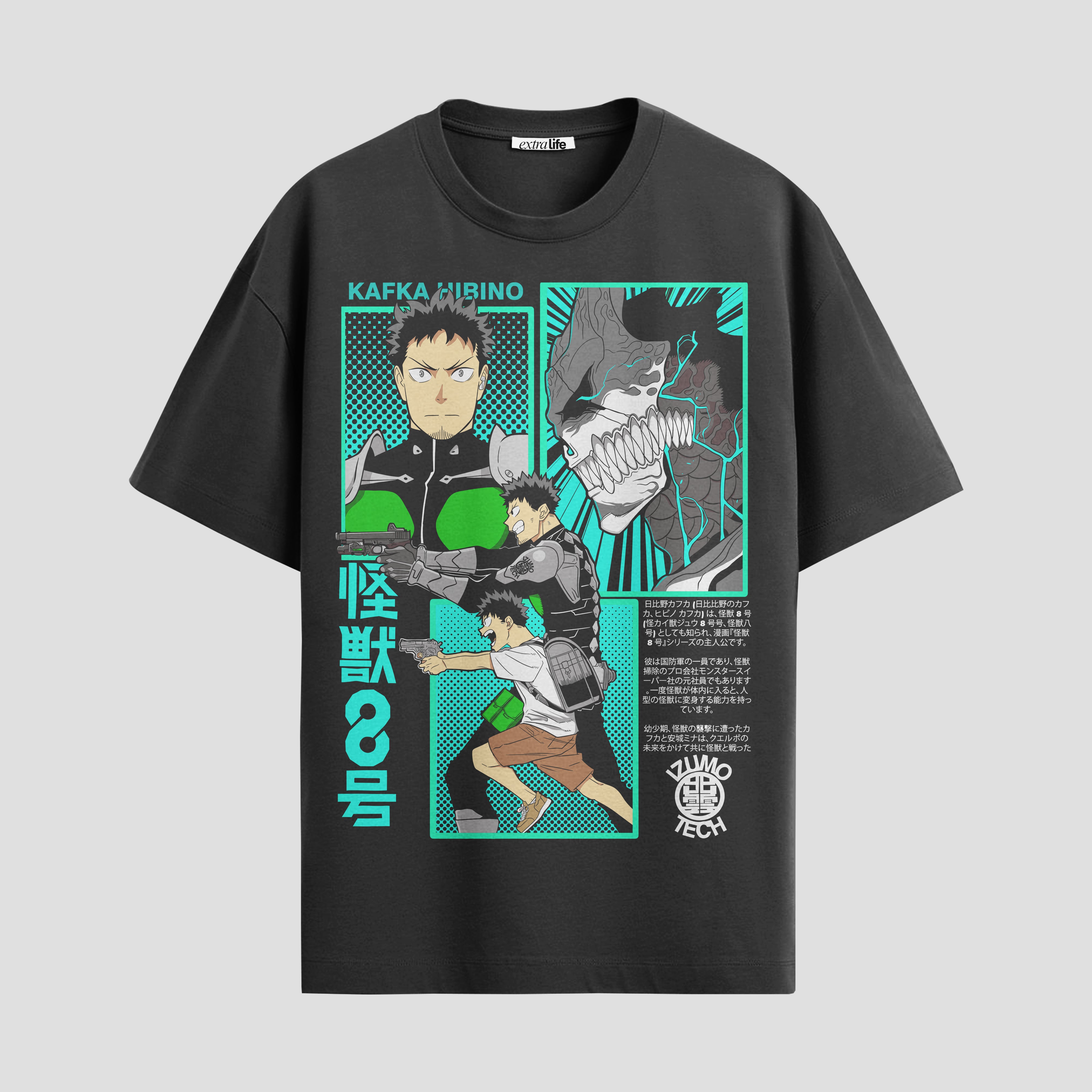Playera urbana de anime y gaming ExtraLife MX, corte Standard Fit unisex ligero y transpirable en color Deep Black y Pure White, ropa de uso diario para gym y casual.
