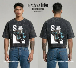 Playera streetwear premium de anime y gaming ExtraLife MX, corte boxy deluxe mineral wash heavyweight en color Acid Wash, moda urbana mexicana de culto.