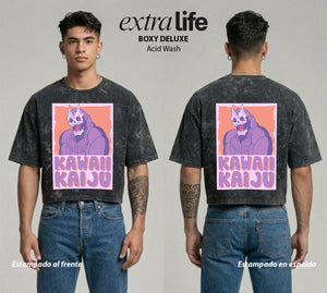 Playera streetwear premium de anime y gaming ExtraLife MX, corte boxy deluxe mineral wash heavyweight en color Acid Wash, moda urbana mexicana de culto.