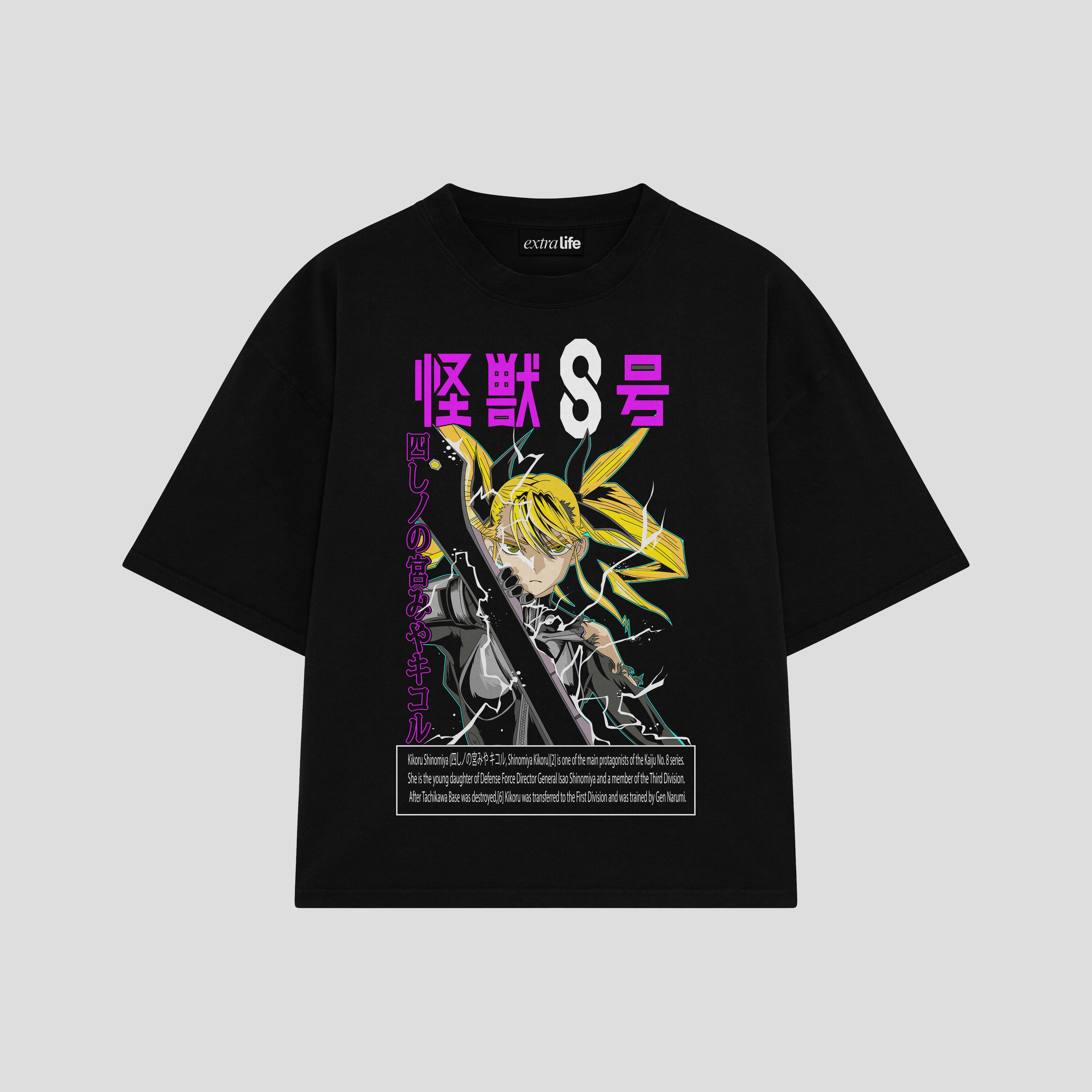 Playera streetwear premium de anime y gaming ExtraLife MX, corte boxy oversized drop shoulder heavyweight en color Deep Black y Off-White, moda urbana mexicana de culto.
