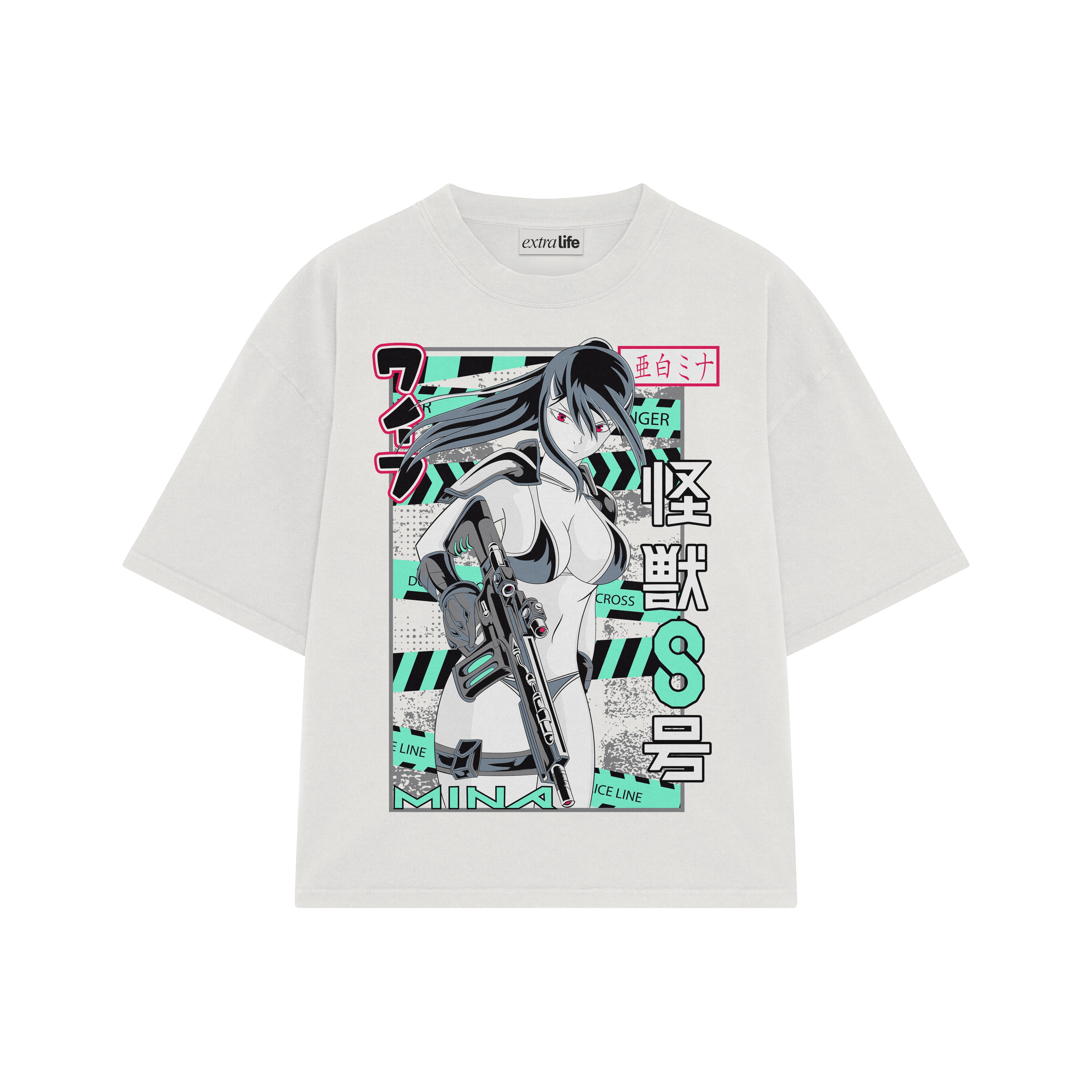 Playera streetwear premium de anime y gaming ExtraLife MX, corte boxy oversized drop shoulder heavyweight en color Deep Black y Off-White, moda urbana mexicana de culto.