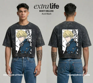 Playera streetwear premium de anime y gaming ExtraLife MX, corte boxy deluxe mineral wash heavyweight en color Acid Wash, moda urbana mexicana de culto.