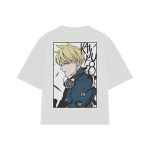 Playera streetwear premium de anime y gaming ExtraLife MX, corte boxy oversized drop shoulder heavyweight en color Deep Black y Off-White, moda urbana mexicana de culto.