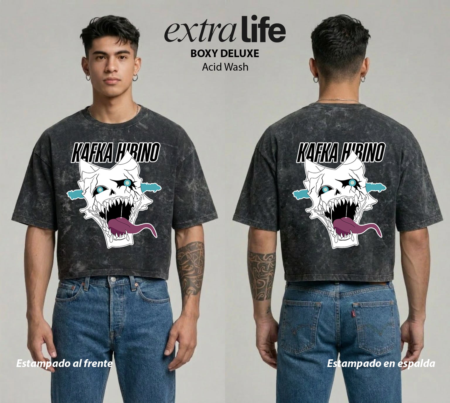 Playera streetwear premium de anime y gaming ExtraLife MX, corte boxy deluxe mineral wash heavyweight en color Acid Wash, moda urbana mexicana de culto.