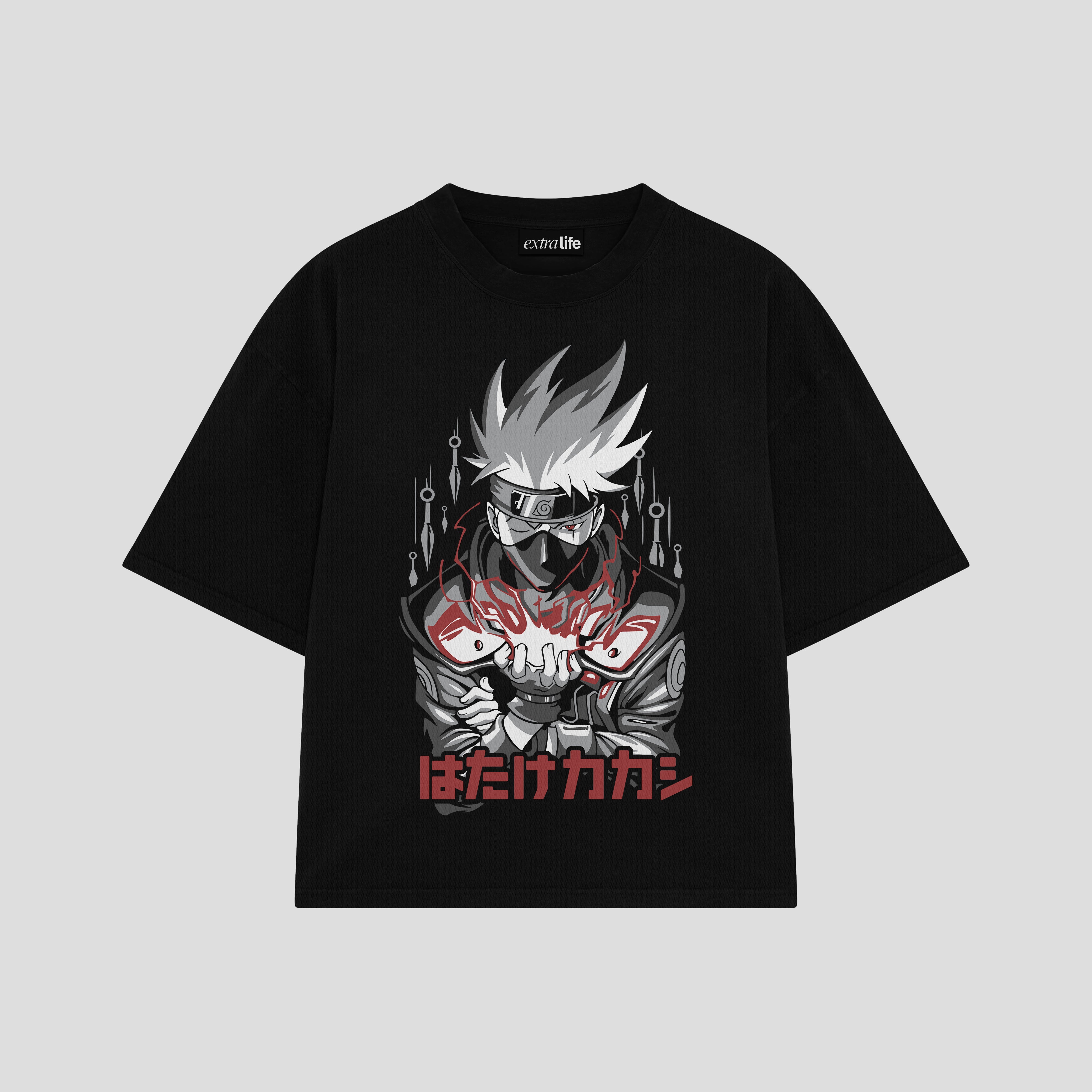 Playera streetwear premium de anime y gaming ExtraLife MX, corte boxy oversized drop shoulder heavyweight en color Deep Black y Off-White, moda urbana mexicana de culto.