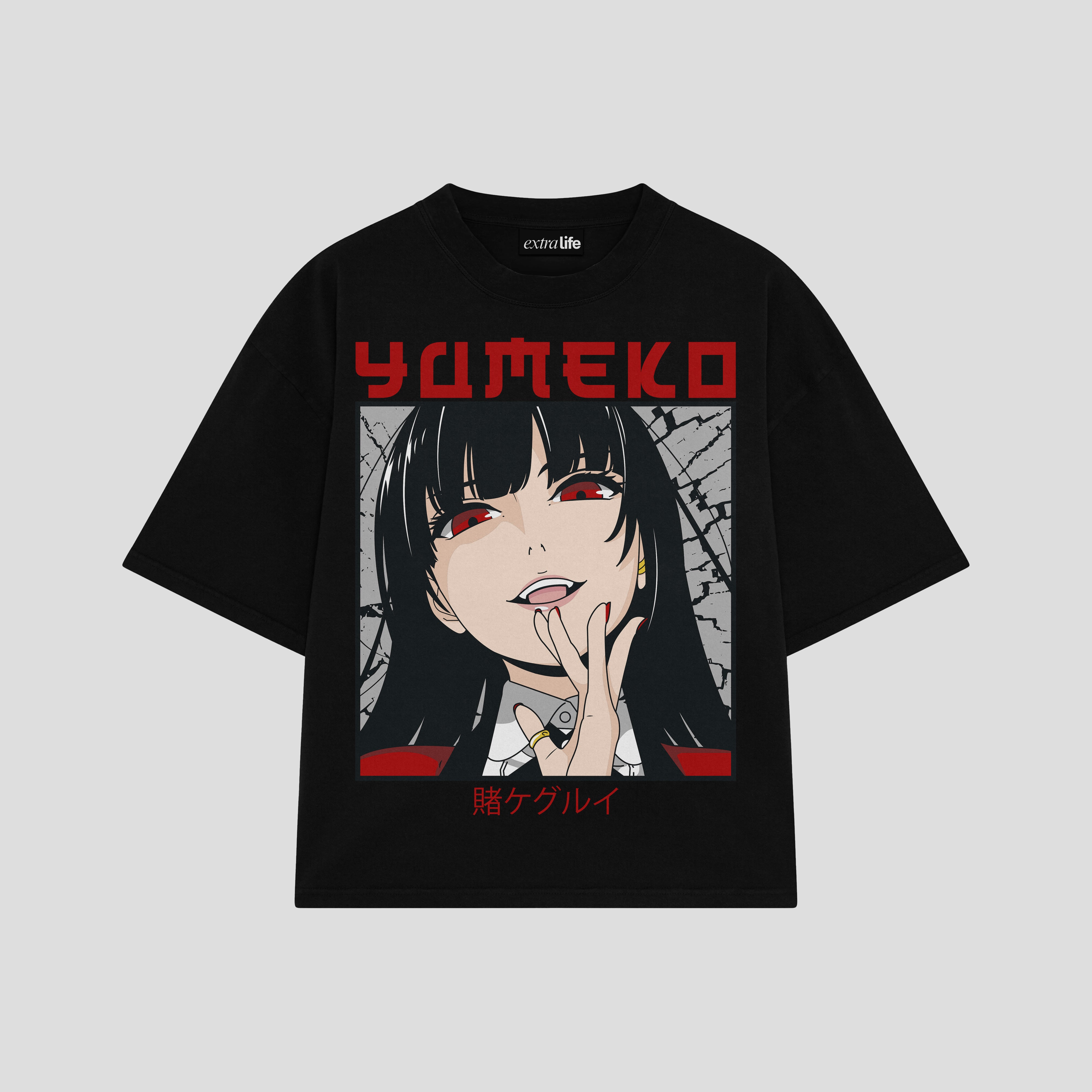 Playera streetwear premium de anime y gaming ExtraLife MX, corte boxy oversized drop shoulder heavyweight en color Deep Black y Off-White, moda urbana mexicana de culto.