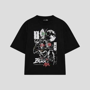 Playera streetwear premium de anime y gaming ExtraLife MX, corte boxy oversized drop shoulder heavyweight en color Deep Black y Off-White, moda urbana mexicana de culto.