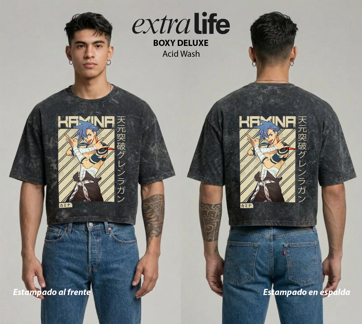 Playera streetwear premium de anime y gaming ExtraLife MX, corte boxy deluxe mineral wash heavyweight en color Acid Wash, moda urbana mexicana de culto.
