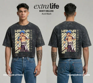 Playera streetwear premium de anime y gaming ExtraLife MX, corte boxy deluxe mineral wash heavyweight en color Acid Wash, moda urbana mexicana de culto.